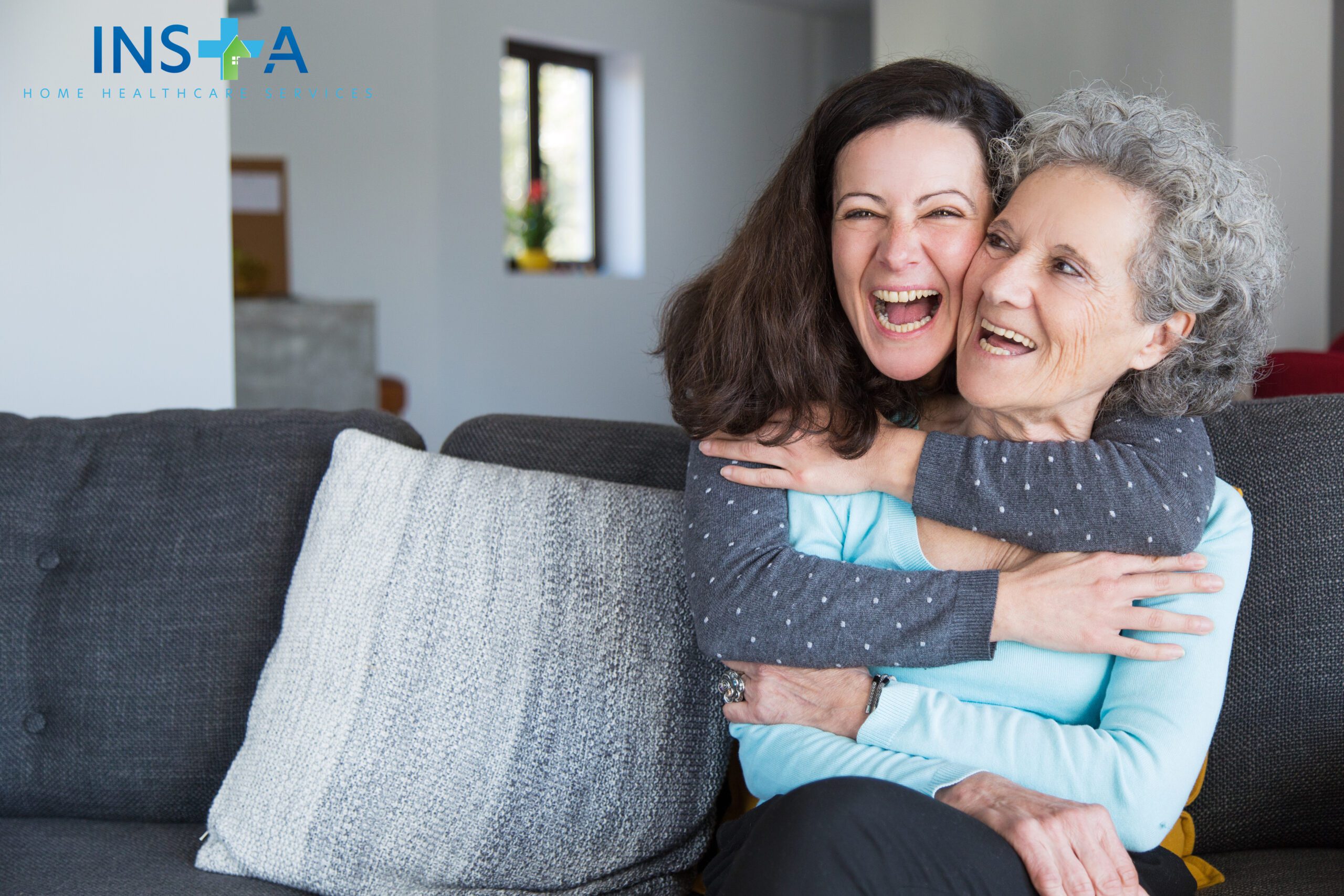 Happy adult woman and eldery lady