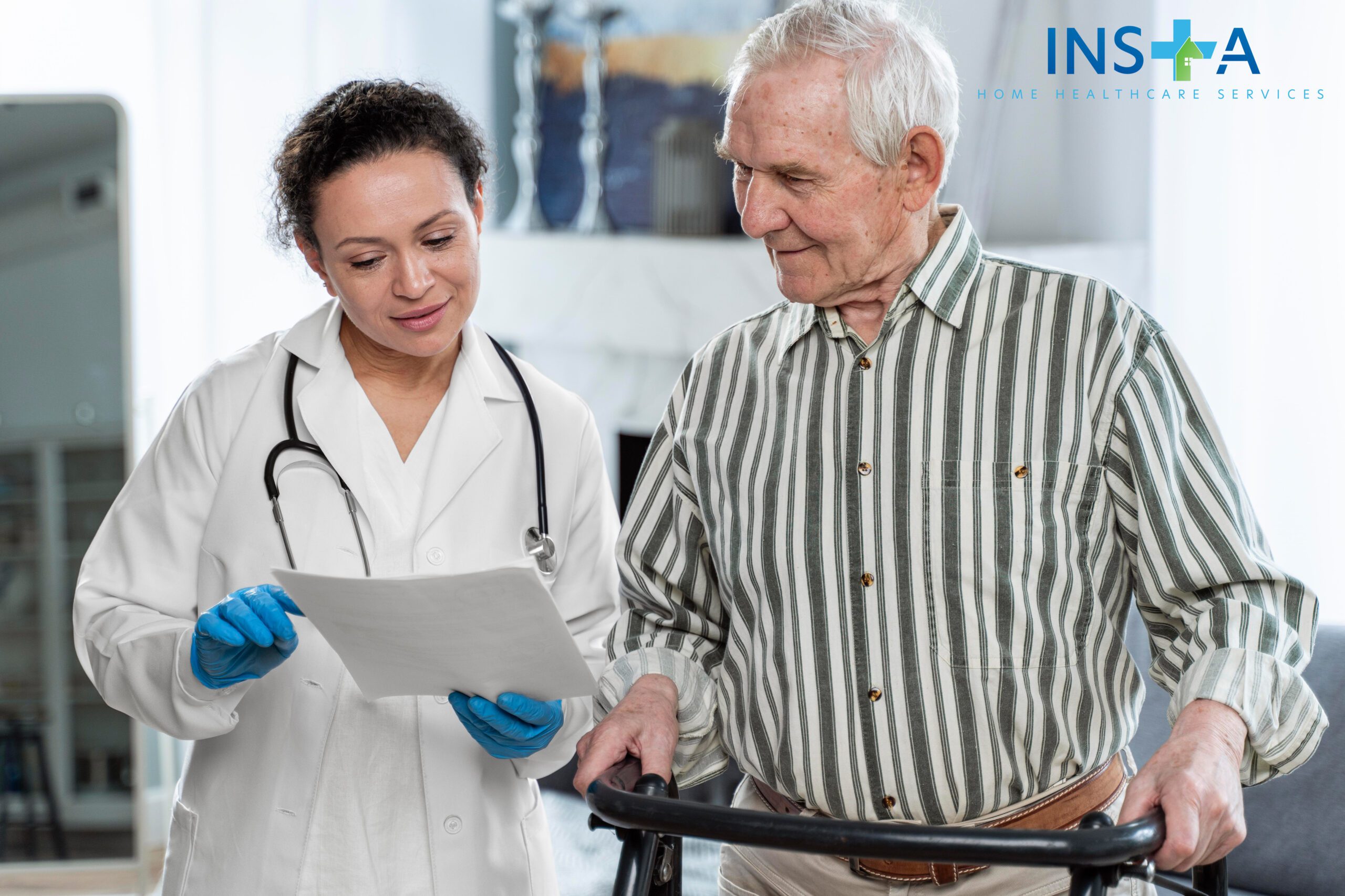 nurse showing results to elderly man